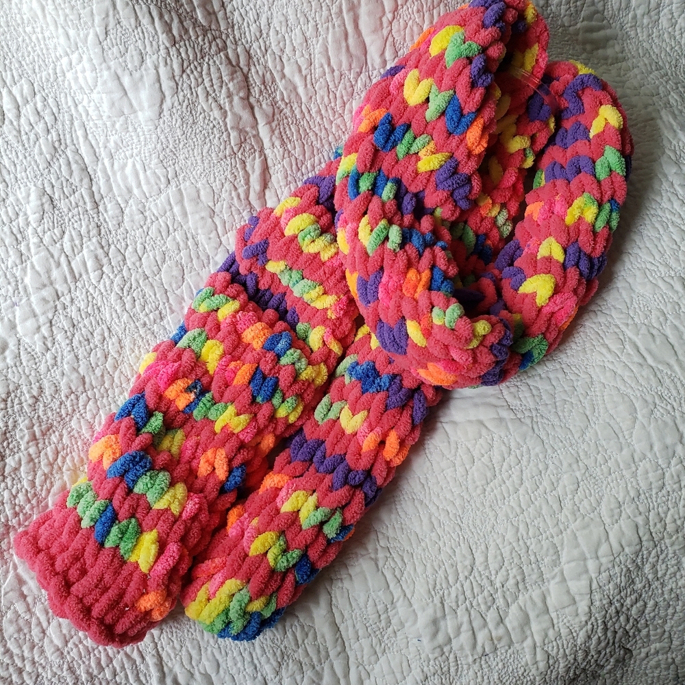 Hand-knit Pink & 🌈 Striped Scarf